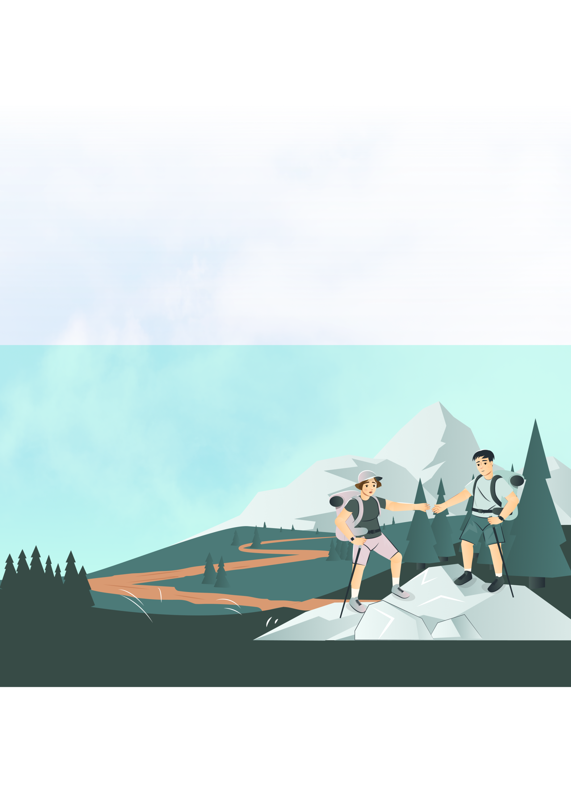 Illustration zweier Wanderer in den Bergen, die sich gegenseitig helfen – Symbol für Unterstützung, Gesundheit und den Weg zu neuer Energie.
