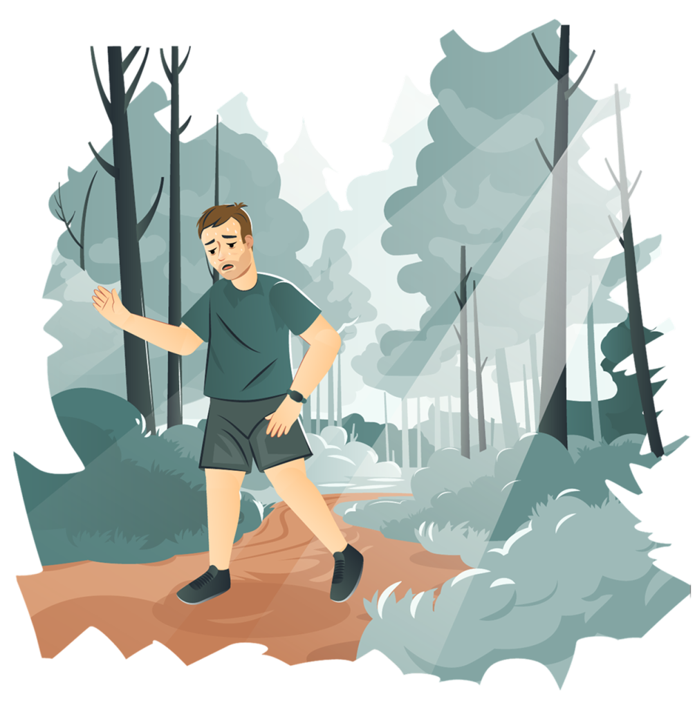 Illustration eines erschöpften Mannes beim Spaziergang im Wald – Symbol für Energiemangel, Müdigkeit und körperliche Erschöpfung trotz Bewegung.