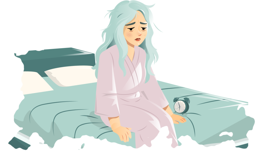 Illustration einer erschöpften Frau auf dem Bett – Müdigkeit trotz ausreichend Schlaf, Hinweis auf Nährstoffmangel oder Energiemangel.