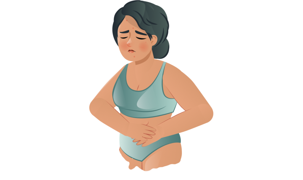 Illustration einer Frau mit aufgeblähtem Bauch und unreiner Haut – mögliche Folgen von Nährstoffmangel, Allergien oder unausgeglichener Ernährung.