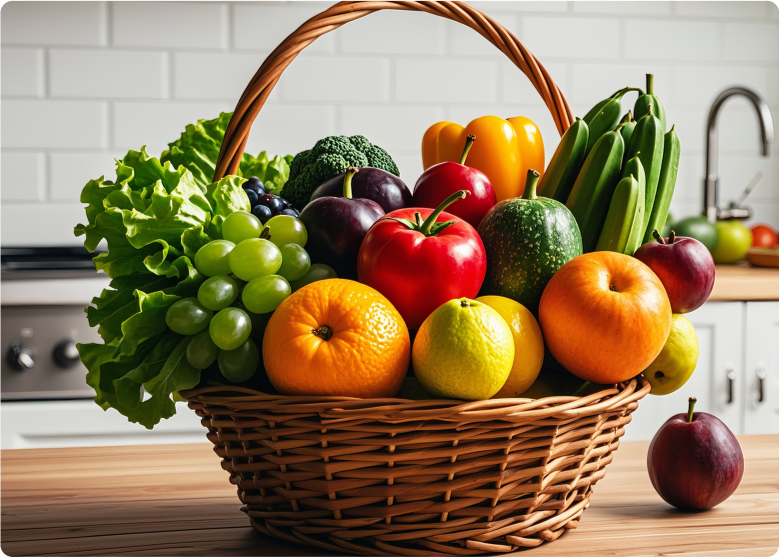 Ein Korb voller frischem Obst und Gemüse – Symbol für gesunde Ernährung und natürliche Nährstoffversorgung.