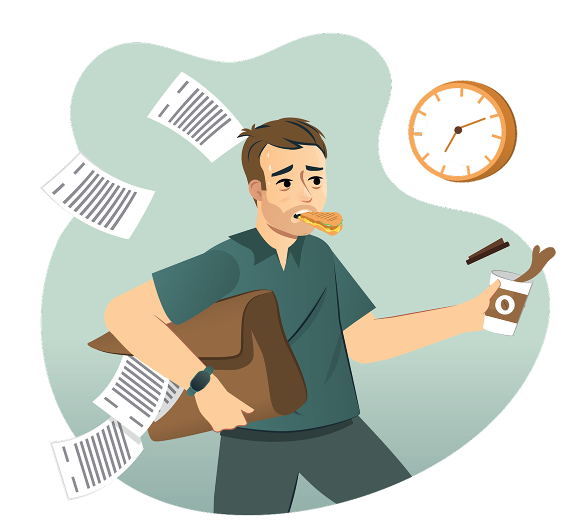 Gestresster Mann isst schnell ein Croissant und trinkt Kaffee auf dem Weg zur Arbeit – Sinnbild für Hektik und unausgewogene Ernährung.