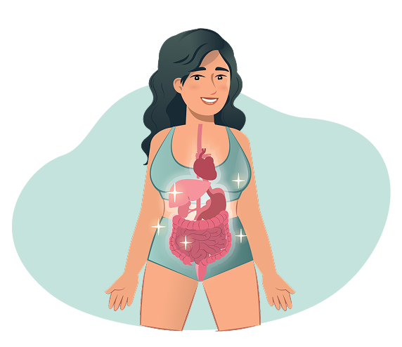 Lächelnde Frau zeigt ein gesundes Verdauungssystem – Symbol für Darmgesundheit, Vitalität und Wohlbefinden.