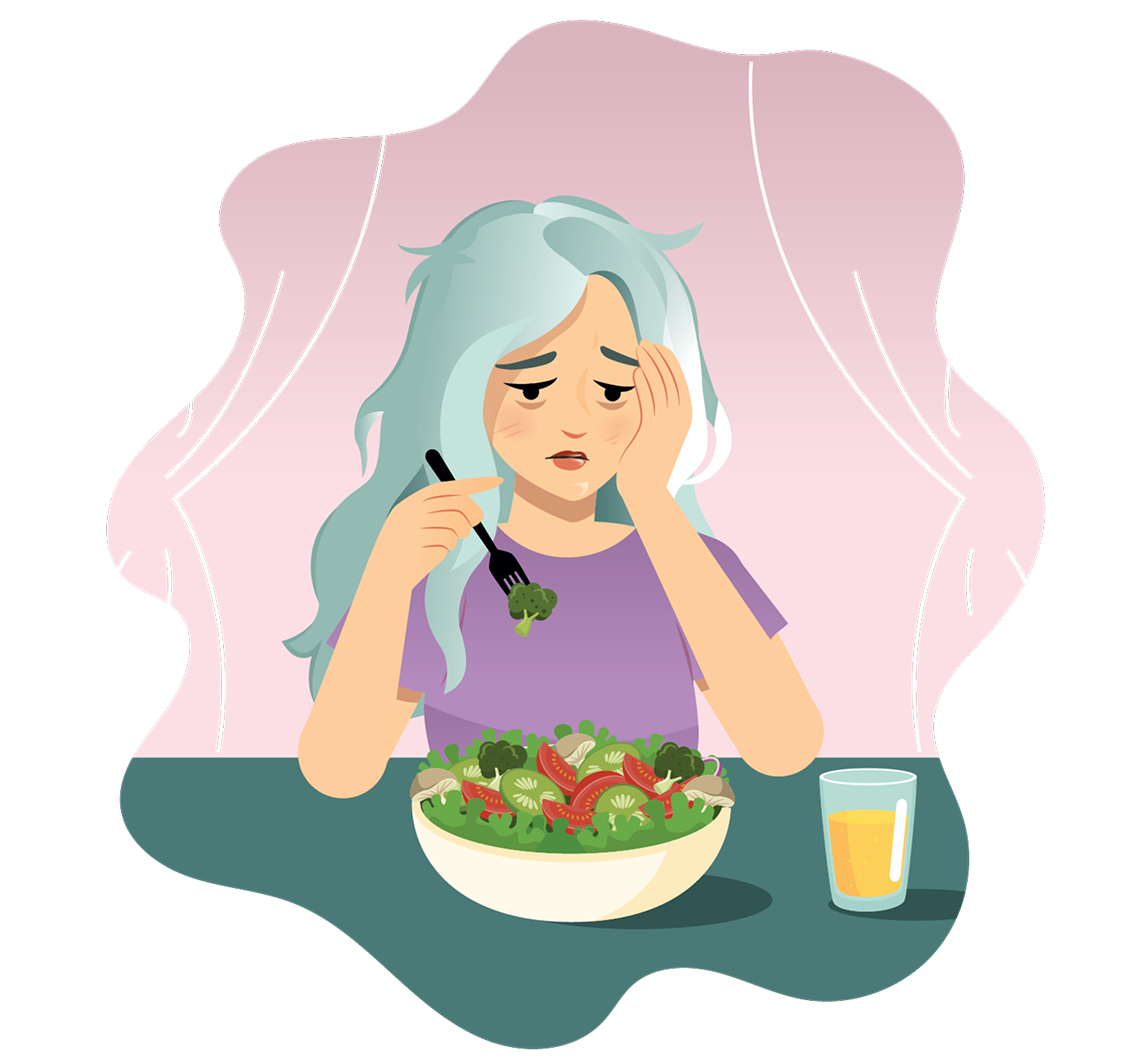 Frau sitzt müde vor einem Salat und hält sich den Kopf – Symbol für Verdauungsbeschwerden trotz gesunder Ernährung.